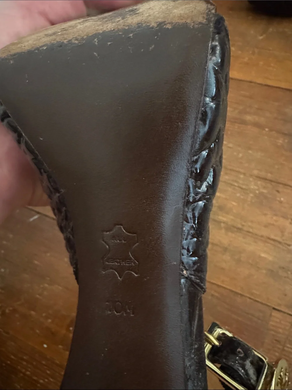 Tory Burch Dark Brown Croc-Embossed Peep-Toe Slingback Heels with Gold Buckle - Picture 11 of 11